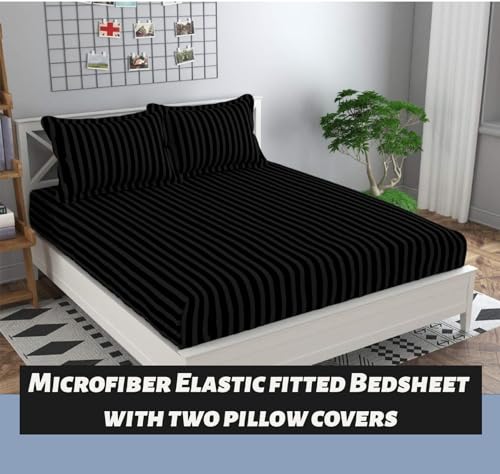 Image of Cotton Feel Glace Cotton Elastic Fitted Printed King Size Double Bed Bedsheet with 2 Pillow Cover(72 inchx78 inch, Stirped Blackt)