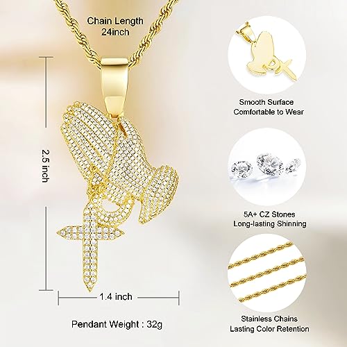 Iced Out Praying Hands with Cross Pendant Necklace Chain 14K Gold White Gold Plated Religious Christian Serenity Prayer Jewelry for Men Women2