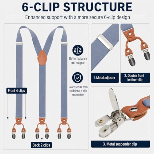 Image of Men's Heavy Duty Y-Back Suspenders, 6 Strong Metal Clips Adjustable Elastic Straps for Work, Tuxedos, and Daily Wear
