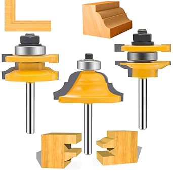 OLETBE 3 PCS Router Bit Set, 1/4-Inch Shank Round Over Raised Panel Cabinet Door Ogee Rail and Stile Router Bits, Woodworking Wood Cutter, Wood Carbide Groove Tongue Milling Tool 3
