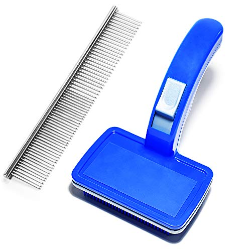 Dog Brush and Cat Brush, Self Cleaning Slicker Brush, Pet Grooming Brush and A Metal Comb, Pet Slicker Brush for Small and Large Dogs Ideal for Everyday Brushing