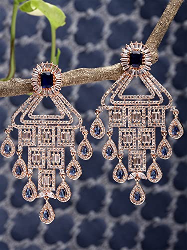 Karatcart Rose Gold Plated Blue and White Cubic Zirconia Studded Dangler Earrings for Women - Image 4