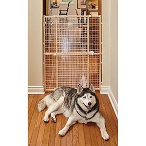 MidWest Homes for Pets Wire Mesh Pet Safety Gate, Pressure Mounted Dog Gate Measures 44 Inches Tall & Expands to 29-50 Inches Wide, Natural Wood & White Powder Coated Wire Mesh