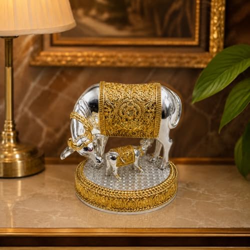 Image of KYAT Pure 999 Fine Silver Kamdhenu Cow with Calf Idol Elephant Pair (Kamdhenu Gold & Silver- 3.5'')