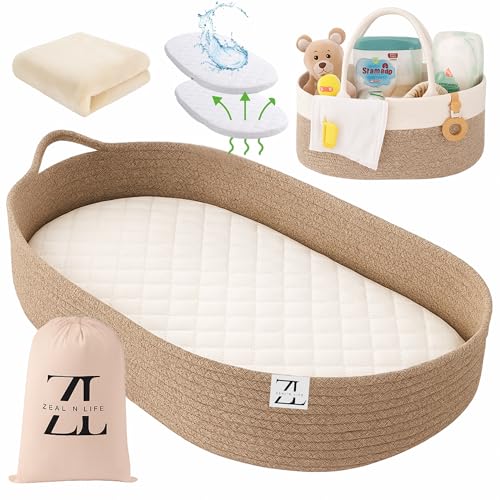 Image of ZEAL'N LIFE Seagrass Baby Changing Basket, Diaper Basket, Baby Towel & Baby Changing Pad and Waterpoof Cover, Premium Handmade Seagrass, Moses Baskets for Newborn (Brown)