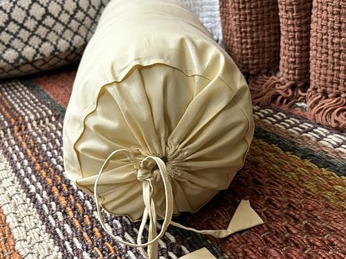 SAFFRON HANDICRAFTS 2 Pcs Cervical Neck Roll Pillow Cover with Drawstring Closures Round Neck Roll Pillow Case Cotton Bolster Pillowcases for Cylindrical Cushion (Beige, 6X 20 inch (15 x 50.5 cm))