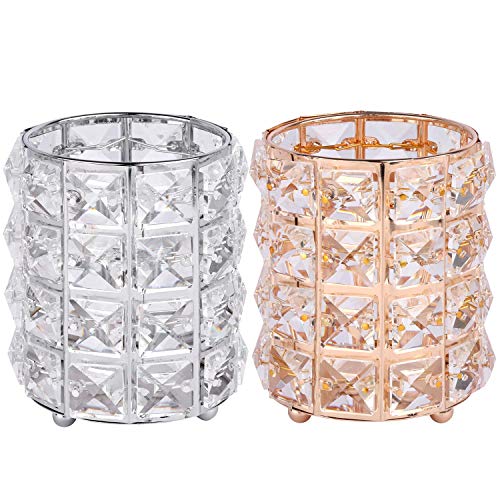 2 Pcs Crystal Makeup Brush Holder Organizer Bling Eyebrow Comb Brushes Pen Pencil Cosmetic Storage Container(Gold+Silver)