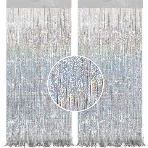 Yighaw 2 Pack 3.28 ft x 6.56 ft Sparkle and Bling Silvery Tinsel Curtain Party Streamers - Streamers Party Decorations for Birthday Graduation Wedding Party