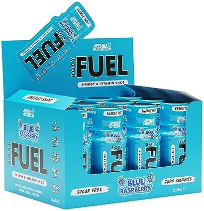 Applied Nutrition BodyFuel Energy Shot - Body Fuel Prime Energy Shot, Physical Performance with B-Vitamins, Taurine, Caffeine, Sugar Free, Zero Calories (Box 12 Units x 60ml) (Blue Raspberry)