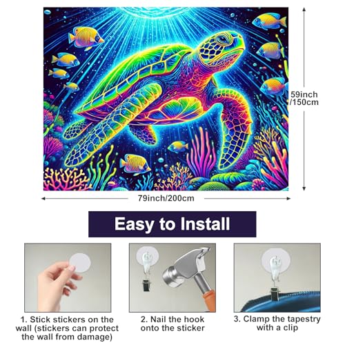 Image of BlissYard Blacklight Tapestry 78x59 Inch Trippy Sea Turtle Glow in the Dark UV Reactive Ocean Underwater Wall Hanging Neon Psychedelic Tapestry for Bedroom Dorm Room Decor Aesthetic Nautical Art