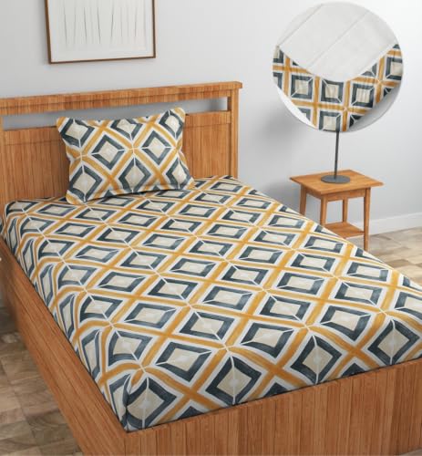 Image of NHD HOME Premium Microfiber Elastic Fitted Bedsheets with 1 King Size Pillow Covers | Single Mattress Bed with All Around Elastic 200 TC Supersoft | Size - 72 x 36 +6 inches | Mustard Geo