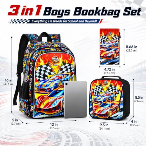 Image of HPJGD 3PCS Car Backpack for Boys, Water Resistant Kids Bookbag Set with Lunch Box, Cute School Bag for Preschool Toddler