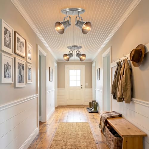 Image of 2-Light Brushed Nickel Pull Chain Light Fixture, Ceiling Light with Pull Chain, Adjustable Flush Mount Lighting for Kitchen, Closet, Hallway