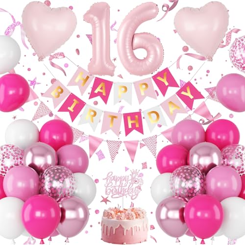 Image of Pink 16th Birthday Decorations for Girls, Sweet 16 Balloon Hot Light Pink White Confetti Balloons Number 1 6 Balloon Heart Happy Birthday Banner Cake Topper for Princess 16 Year Old Bday Party Decor