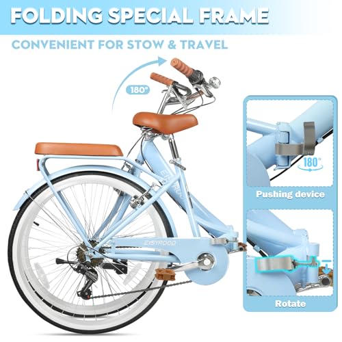 26 Inch Folding Beach Cruiser Bike for Women, 7-Speed Ladies