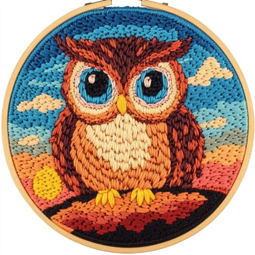 Image of DIY Punch Needle Kits Owl with Sunset with Hoop 20x20cm-1 | with Pattern Stamped Easy for Beginners Embroidery Punch Needle Starter Craft Set for Adults Festival Gift and Decoration
