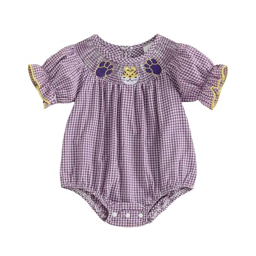 Kuriozud Newborn Baby Girl Football Outfit Smocked Ruffle Romper Short Sleeve Jumpsuit Cute Baby Girl Clothes