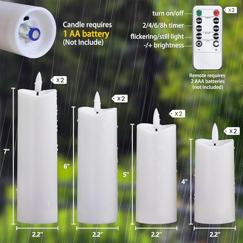 Image of Waterproof Flameless 2.2 inch x4 inch 4 inch 5 inch 5 inch 6 inch 6 inch 7 inch 7 inch Pillar Candles with Remote Control and Timer, LED White Battery Operated Plastic Wave-Shaped Design Pack of 8 Outdoor Flickering