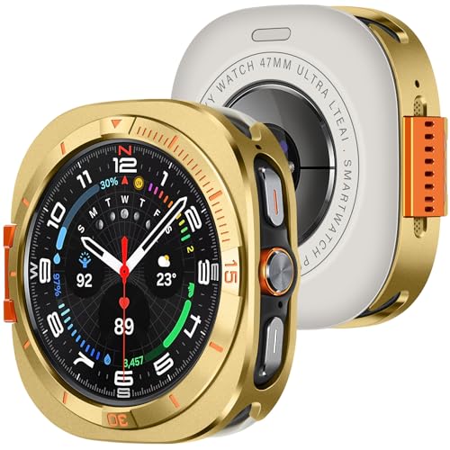 Amizee Rugged Metal Case for Galaxy Watch Ultra 47mm, Gold/Orange