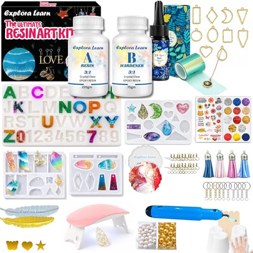 Image of Exploralearn 195 Pcs Ultimate UV Resin Art Kit with 300g Epoxy Resin, 50gm UV Resin - DIY Alphabet, Bezels, Jewelry, Keychains, Coasters & Bookmarks - Includes UV Lamp, Tape, Deburring Tool, Pendants, Golden Acrulics, Stickers and more