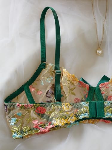 Image of Sexy Floral Embroidered Flower Mesh Underwire Push Up Lingerie Set
