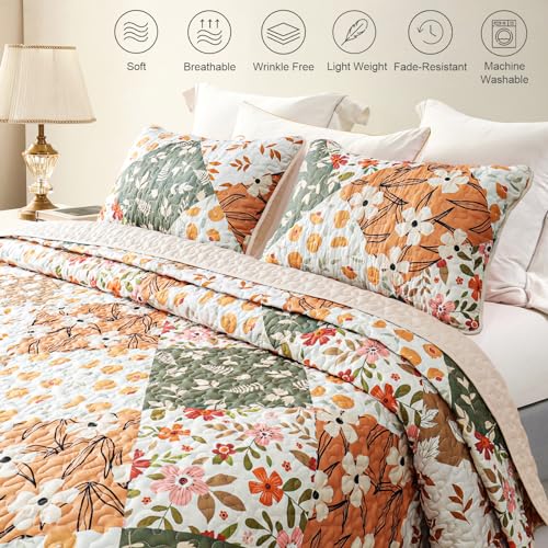 Whale Flotilla Reversible Patchwork Quilts Twin Size, Lightweight Boho Printed Bedspreads Coverlets Quilt Bedding Set with 1 Pillow Shams for All Seasons, Orange
