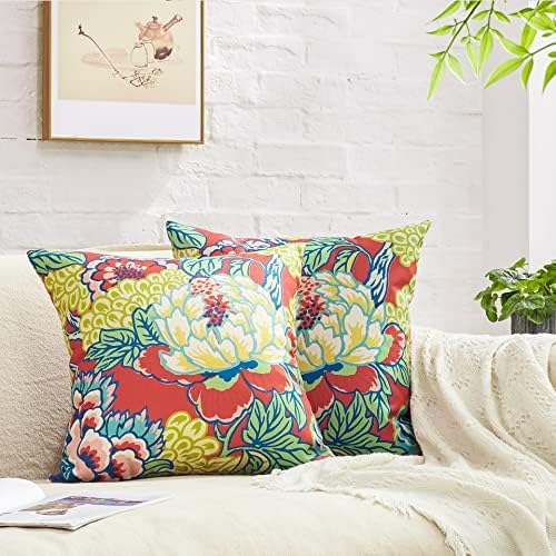 BLESFEST Pack of 2, Chinoiserie Pillow Cover 18 x 18 Inch Peony Floral Pillow Covers Linen Flower Throw Pillow Covers Farmhouse Pillowcase Cushion Covers for Sofa Couch Living Room Pink