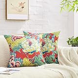 BLESFEST Pack of 2, Chinoiserie Pillow Cover 18 x 18 Inch Peony Floral Pillow Covers Linen Flower Th
