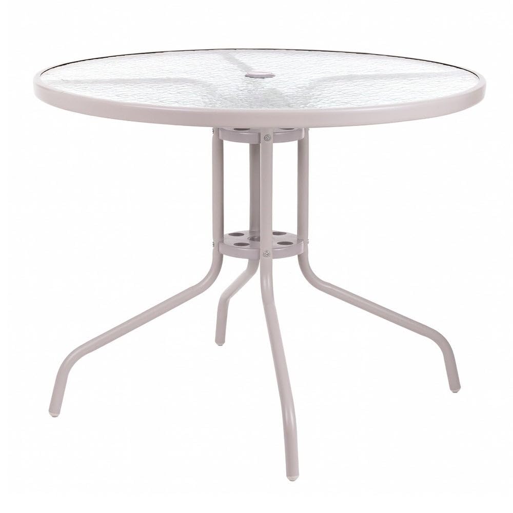 MONTY Mesa de Jardín Redonda Ø 90 cm de Acero Arena con Tablero de Cristal Templado 5mm | Pintura Anticorrosión, Uso Exterior | para 4 Personas | Requiere Montaje | Classic