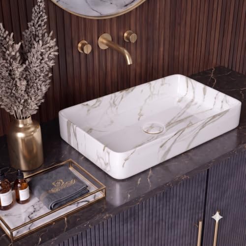 Image of Designer Ceramic Table Top Vessel Sink Wash Basin For Bathroom | Wash Basin Over Counter | Countertop Bathroom sink (24 x 14 x 5 Inch) (Designer White Green)
