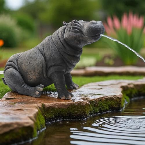 Solar Wasserspeier Hippo – Teichfigur mit Solarpumpe & Wasserspiel – Gartenfigur Gartendeko aus Polyresin sehr realistisch –...
