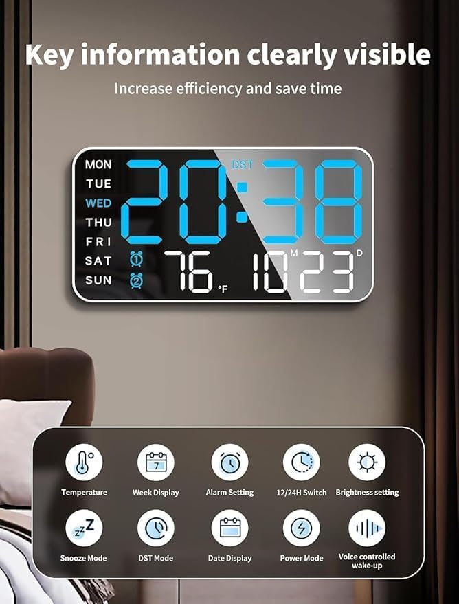 Image of 9 inch LED Digital Wall Clock with Date, Day, Temperature Display & Dual Alarm - USB Powered, Adjustable Brightness - Ideal for Bedroom, Office, Seniors, Home Decor (9 inch REC Blue & White)