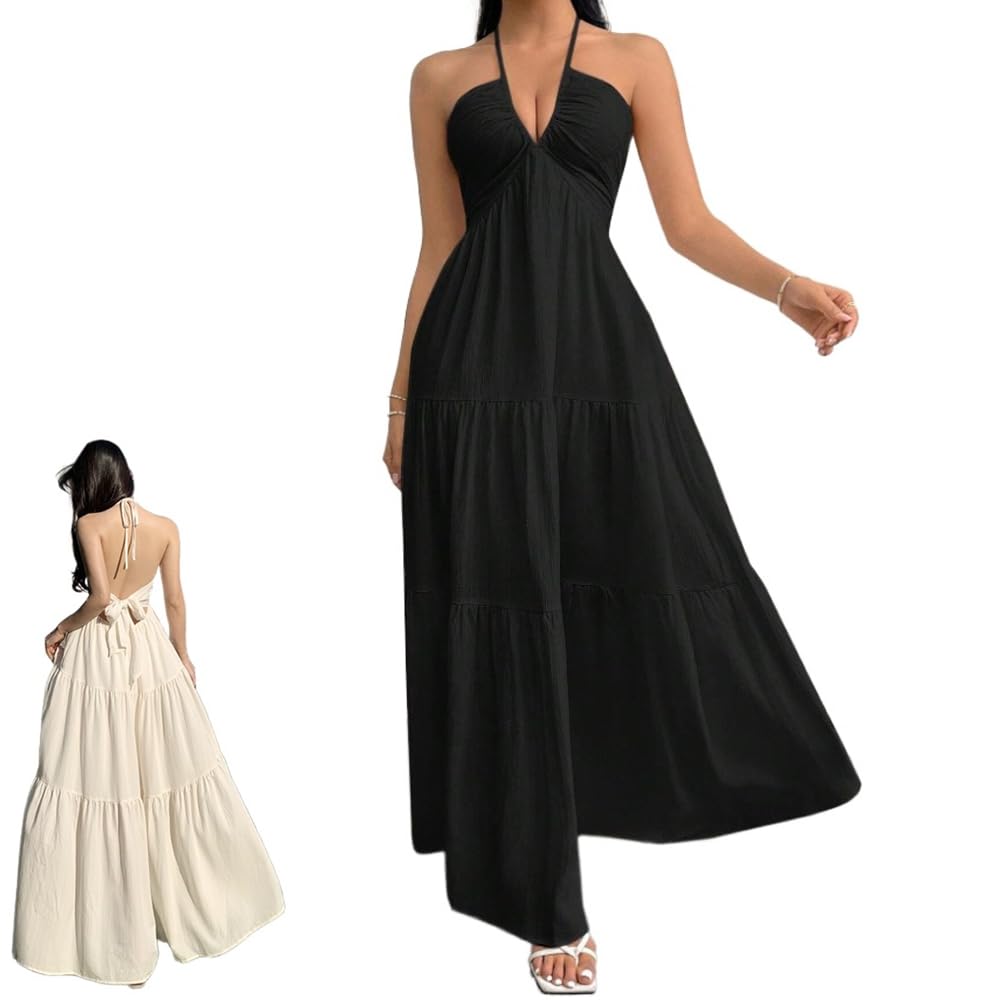 QWSYGH 2025 Women Halter V Neck Backless Long Dresses Flowy Adjustable Spaghetti Strap Ruffle Sexy Beach Beach Sundress (Black,L)