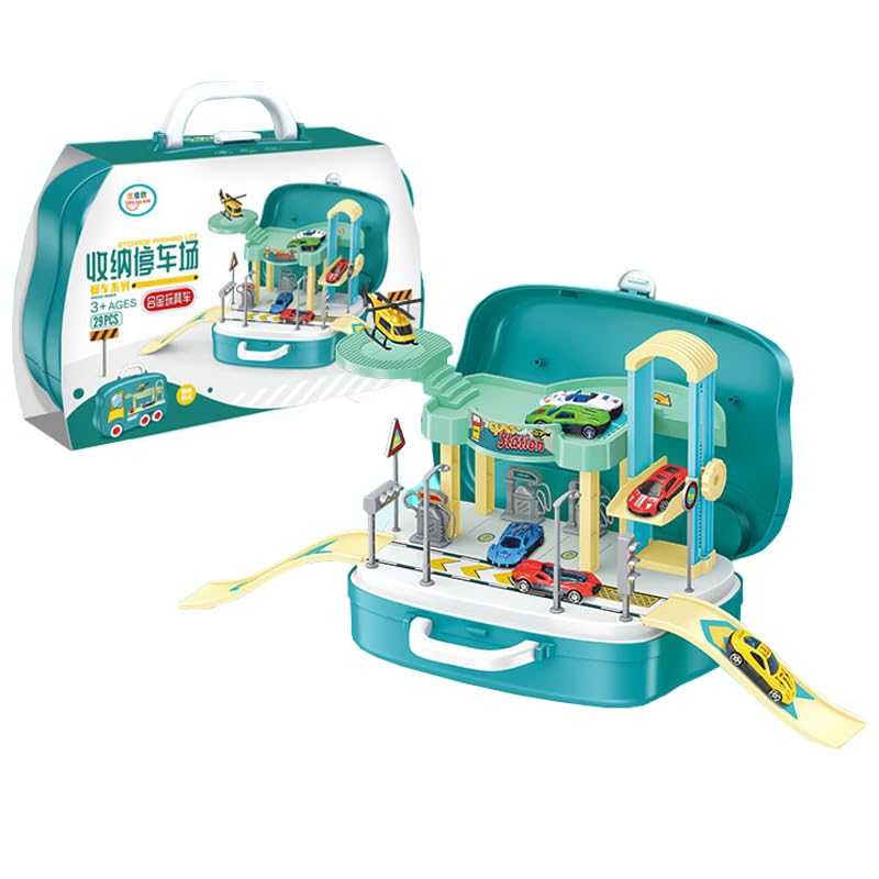 La Mejor review de Caja 3 4 comprados en linea. 27 QIJRATEK Pistas de Carros para Niños, Parking Coches Juguete, 2 in 1 Juguetes de Aparcamiento de Bomberos + Caja de Organizador, Regalo de Carritos de Juguetes para Niños y...
