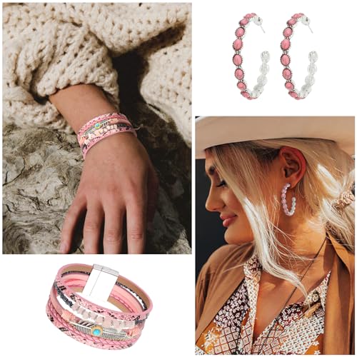 MJartoria Native American Bohemian Feather Charm Handmade Pendant Necklace Pink Jewelry Set2