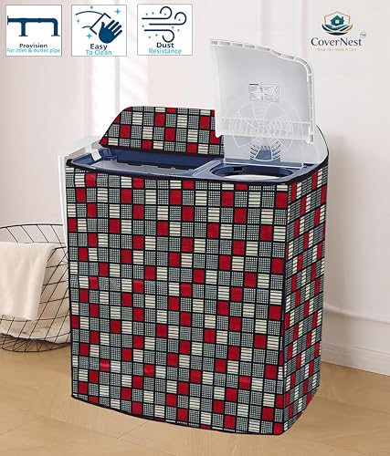 Image of Covernest Semi Automatic Washing Machine Cover, Dustproof, Compatible with 6 Kg - 7.5 Kg Washing Machines (WMC-RED CHECK SEMI)