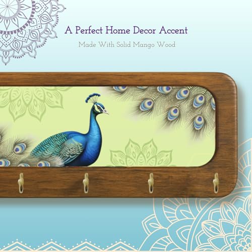 Image of Stylish Wooden Key Holder for Wall | Cute Key Holder for Home Decor | Key Holder Stand with 5 Hooks | Wall Mounted Key Hanger| (Peacock keyholder)