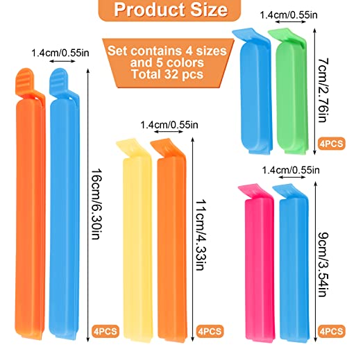 32 Stück Verschlussclips,Lebensmittel Clips Kunststoff 7/9/11/16 cm Verschlussklammern Plastik Mehrere Farben, Tütenclips Bunt Küche Wiederverwendbar Tütenclips für Verpackung Süßigkeiten Snacks