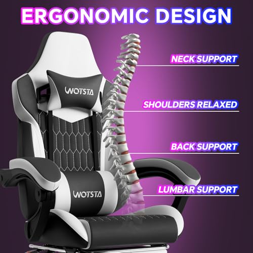 Image of Gaming Chair with Footrest, High Back Gaming Chairs PVC Leather Ergonomic Gamer Chair with Adjustable Headrest Lumbar Support Racing Style Video Gaming Chair for Office /Home (Black White)