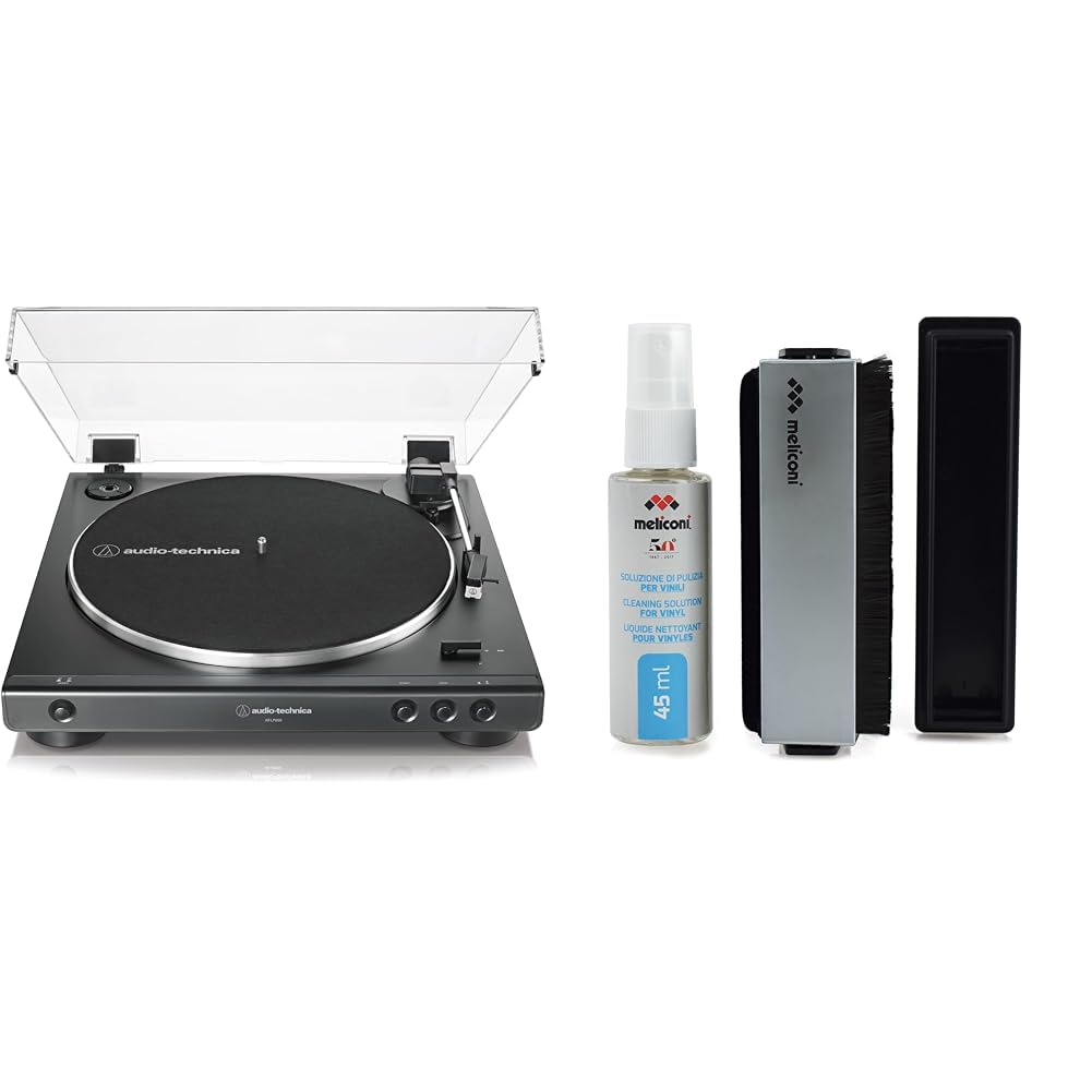 Audio-Technica AT-LP60xBK Giradischi con trasmissione a cinghia completamente automatico & Meliconi Vinyl Kit Di Pulizia Professionale Per Tutti I Tipi Di Dischi, Argento