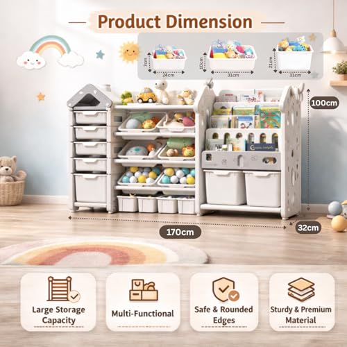 Image of 3in1 Kids Toy Organizer with Bookshelf for Home Storage Rack for Toddler Playroom Organizer Montessori Book Shelf for Kids Room Toys Organiser for Space Saving Storage Bins for Children