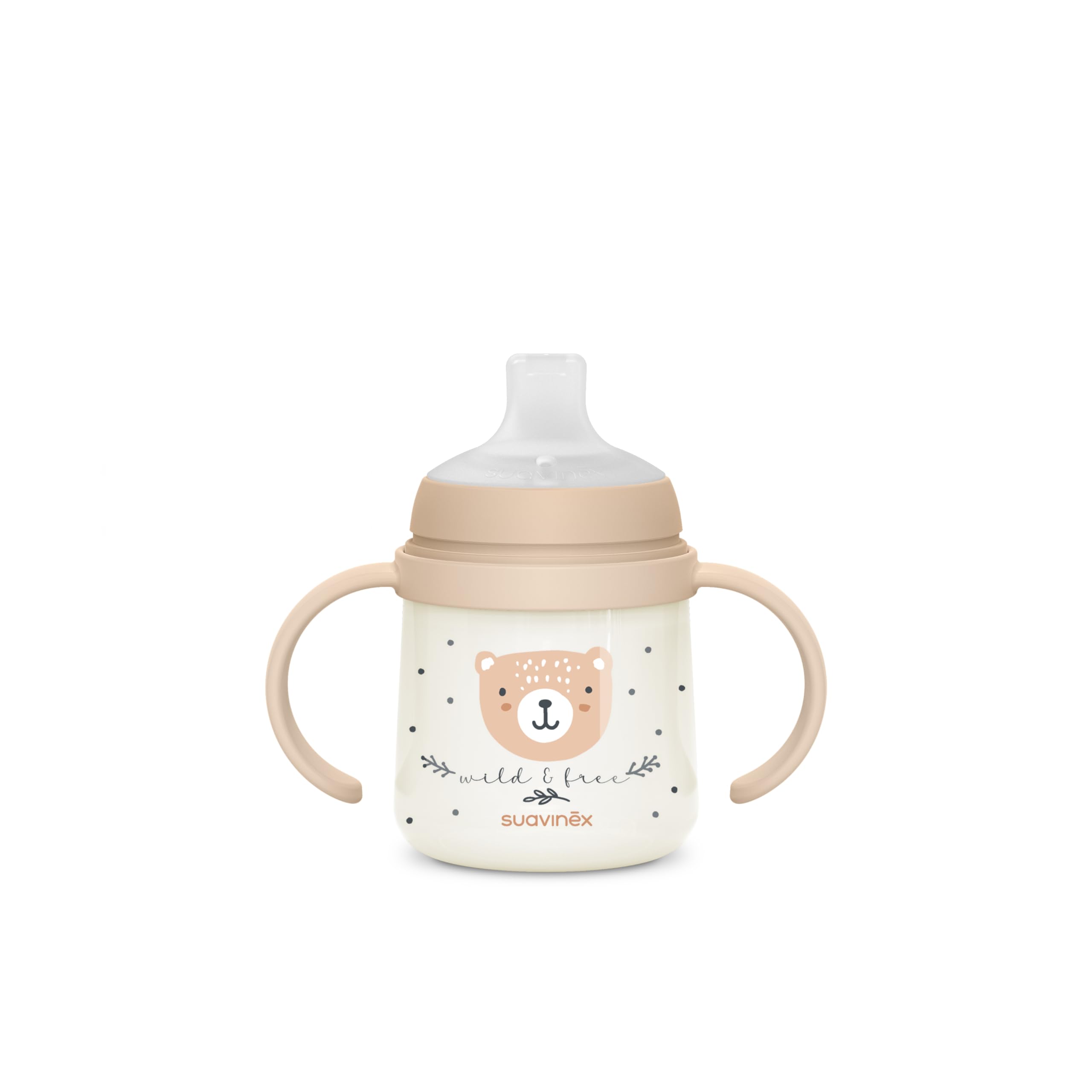 Suavinex, Tasse Apprentissage Bébé, Biberon avec Poignée, Brillent dans le Noir, Gobelet avec Bec Anti-fuites en Silicone, avec Valve Anti-Colique, pour Bébés +6 Mois, Idéal Nuit, 150 ml, Beige