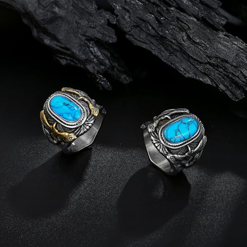 Retro Turquoise Ring for Men Stainless Steel Oval Biker Ring Jewelry for Men,Size7-154