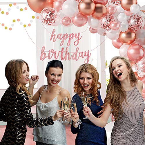 115Pcs Rose Gold Birthday Party Decorations For Women Girls Kids, Happy Birthday Banner+Rose Gold White Confetti Metallic Balloons Garland Arch Kit+Circle Dots Garland+Pump+Complete Accessories #TOP4