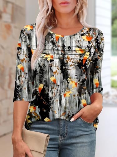 KISSMODA Women's Casual 3/4 Sleeve T-Shirts Round Neck Cute Tunic Tops Basic/Pleated Summer Tops Trendy Spring Blouses
