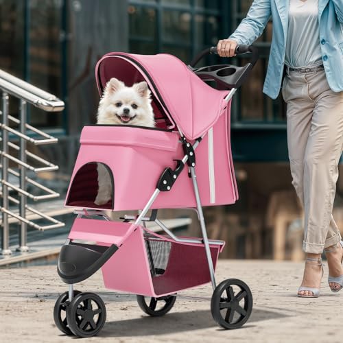 Image of Magshion 3-Wheel Pet Stroller, Foldable Travel Jogger for Small & Medium Dogs & Cats (Up to 33lbs), Lightweight Carrier with Breathable Mesh Cover, Cup Holder & Storage Basket, Pink