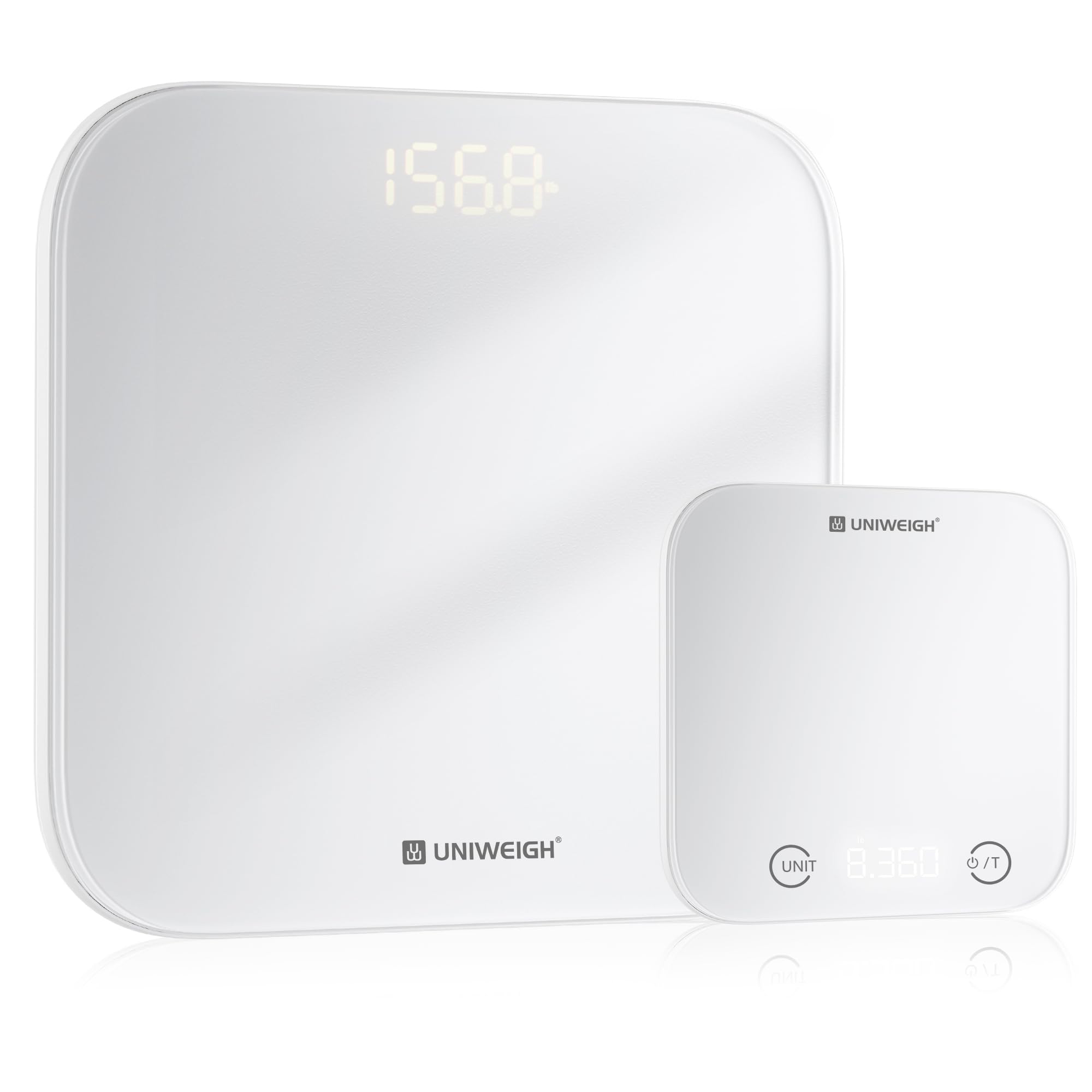UNIWEIGH Bilancia alimentare digitale da cucina e da bagno per once e grammi11lb, bilancia per il peso corporeo 400lb, vetro temperato/pulsante a sfioramento/LCD, misurazione precisa del peso, bianco