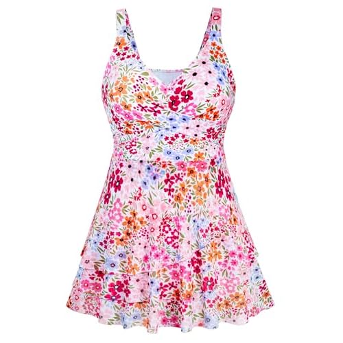 Arolina Women Plus Size One Piece Swimsuits Mesh Ruffle Swimdress Modest Bathing Suit Front Cross Swim Suits with Bottom 20 Plus Colorful Floral