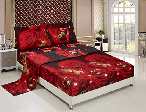 BEDnLINENS HIG 3D Bed Sheet Set -4 Piece 3D Rose and Ring in Forest Printed Sheet Set King Size (Y02) - Soft, Breathable -Includes 1 Flat Sheet,1 Fitted Sheet,2 Shams