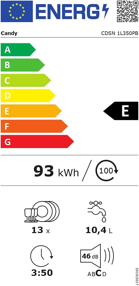 Candy Brava CDSN 1L350PB Lavastoviglie da Incasso, 5 Programmi, 13 Coperti, Connessa, Wi-Fi + Bluetooth, 59.8 x 55 x 82 cm [Classe di efficienza energetica E]